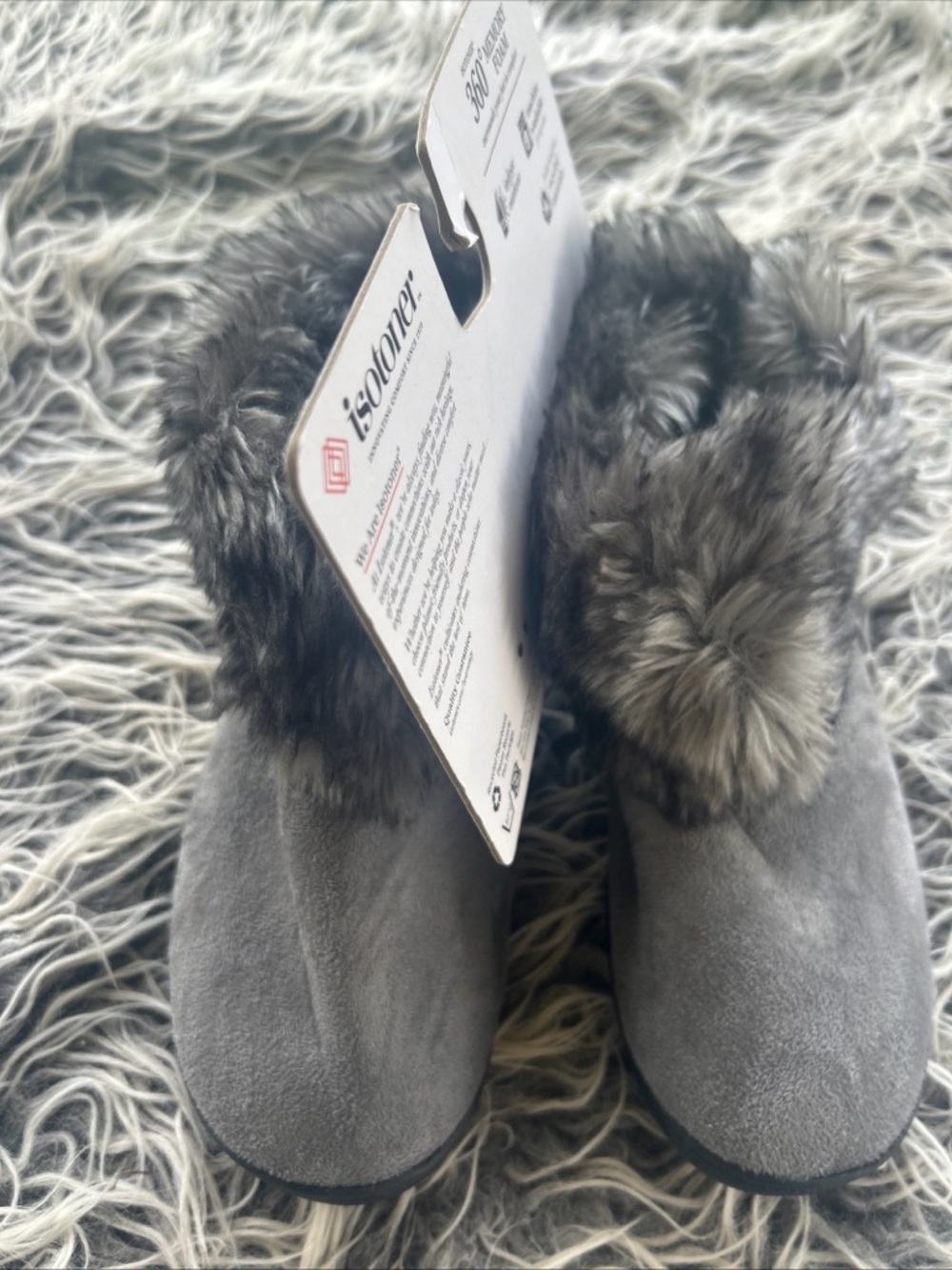 Isotoner Gray Faux Fur Memory Foam Indoor/Outdoor Bootie Slippers Medium 7.5 8